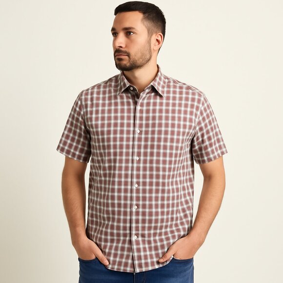 Hart Schaffner Marx Red & Gray Plaid Short Sleeve Button-Up Shirt - XL (New with - Picture 1 of 11